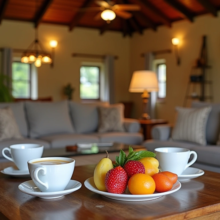 Charming pousada in Imbituba, rustic decor, cozy atmosphere. Breakfast table with fresh fruits, Pousada aconchegante em Imbituba com decoração rústica.