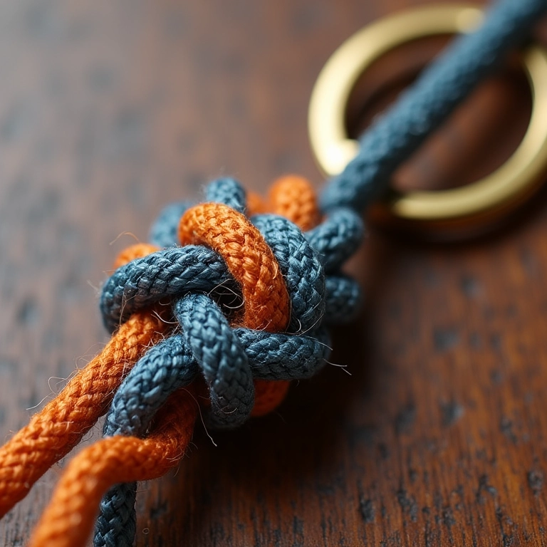 Chaveiro de macramê com detalhe do nó quadrado, exibindo sua textura.