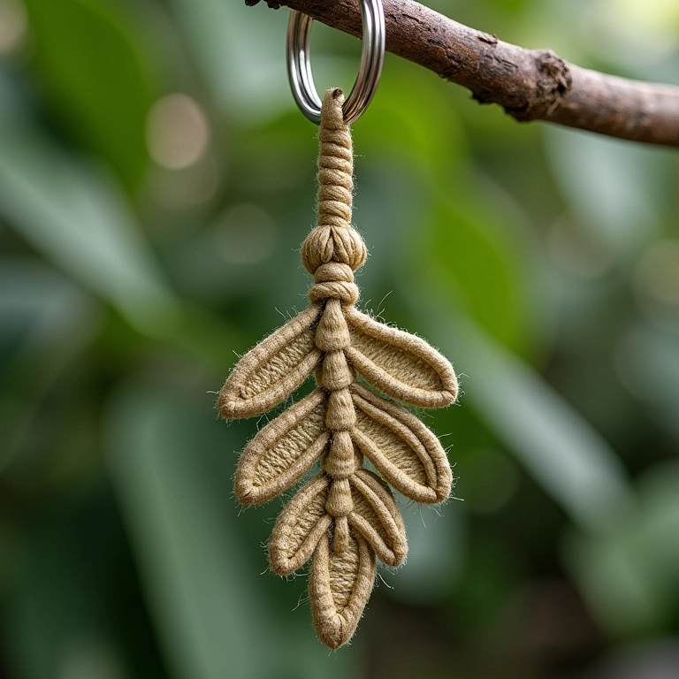 Chaveiro de macramê com formato de folha em close-up.