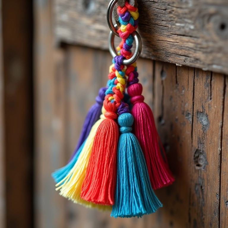 Chaveiro de macramê com franjas coloridas em um cenário rústico.