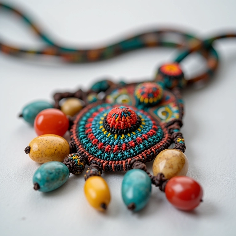 Chaveiro de macramê com miçangas coloridas e pedras naturais em fundo limpo.