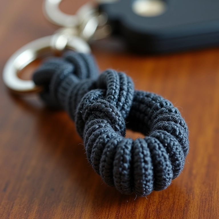 Chaveiro de macramê com o nó Laçada, um nó versátil e decorativo.