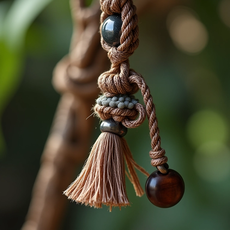 Chaveiro de macramê decorado com contas e miçangas.
