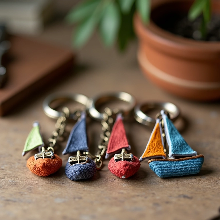 Chaveiros artesanais com símbolos marítimos em uma mesa.