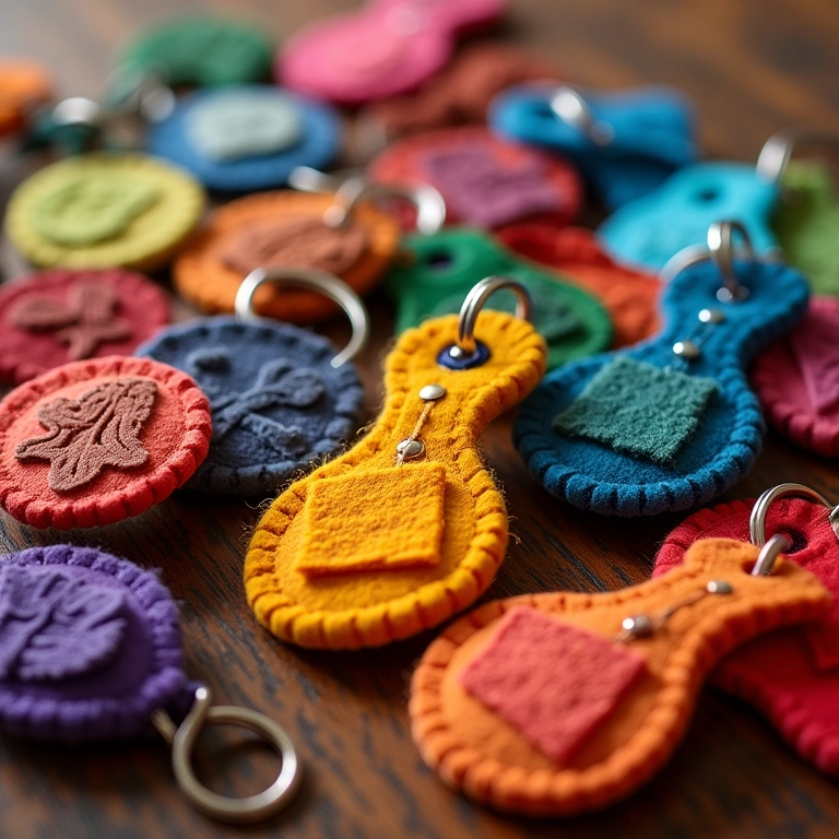 Chaveiros de feltro coloridos, feitos à mão, em estilo artesanal brasileiro.