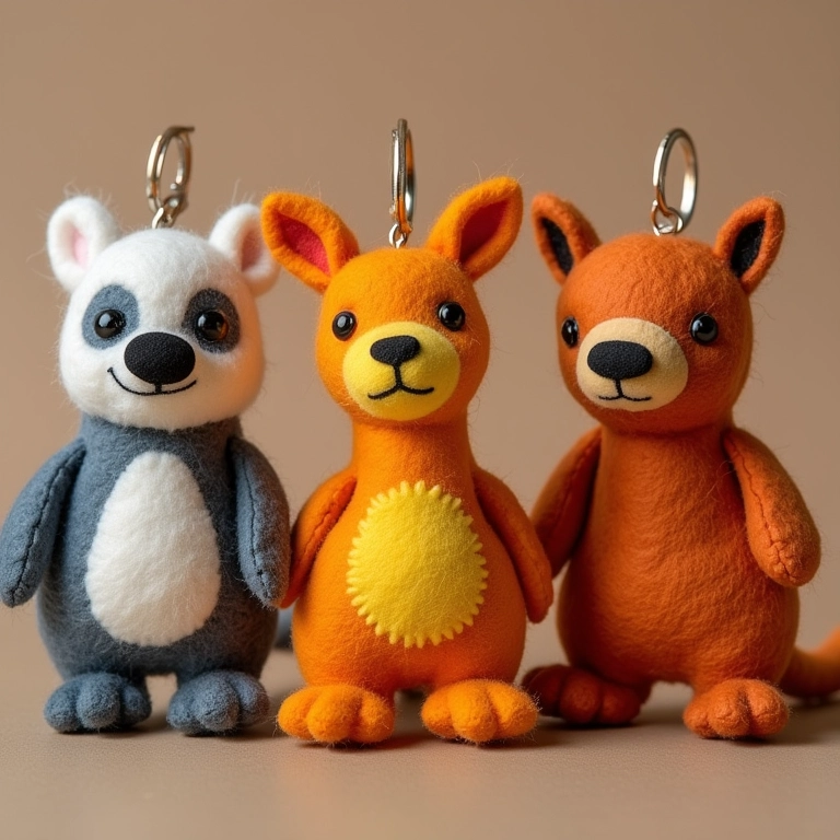 Chaveiros de feltro de animais fofos em estilo brasileiro.