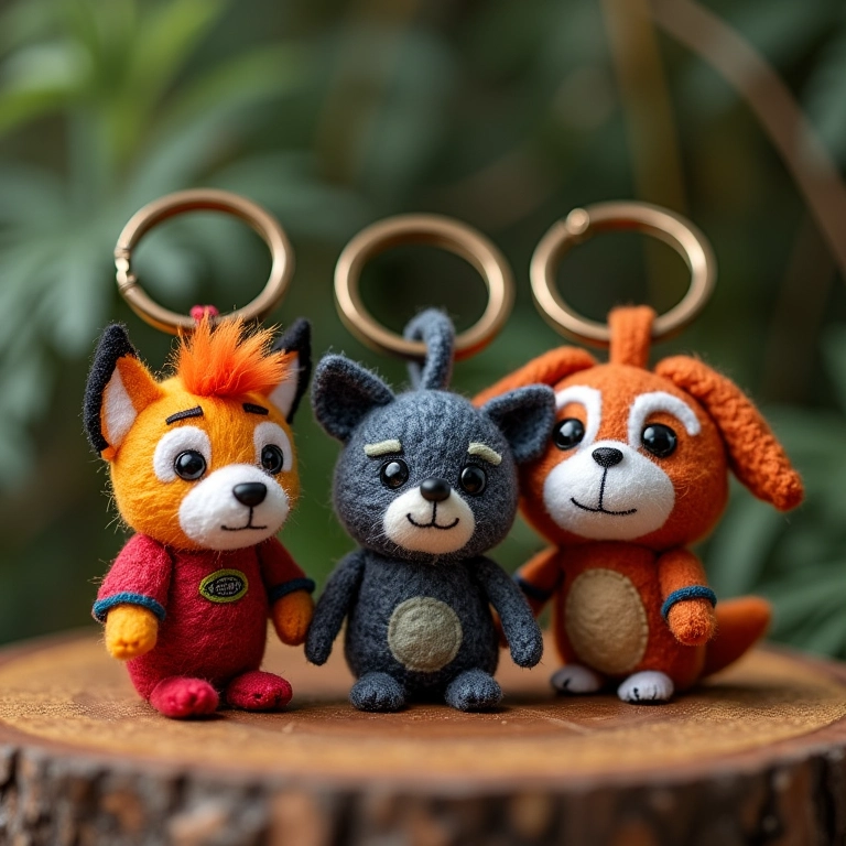 Chaveiros de feltro de personagens de filmes em cenário brasileiro.