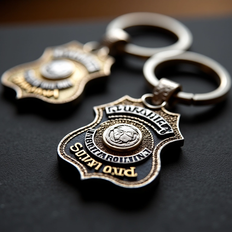 Chaveiros personalizados com o brasão da polícia em detalhes artesanais.