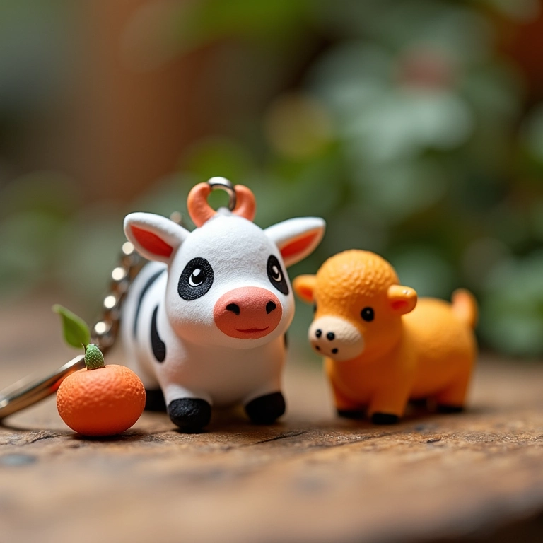 Chaveiros temáticos com miniaturas de animais da fazenda.