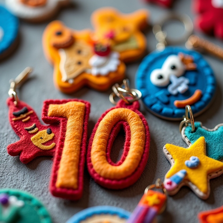 Chaveiros temáticos de feltro, feitos à mão, como lembrancinhas de 15 anos.