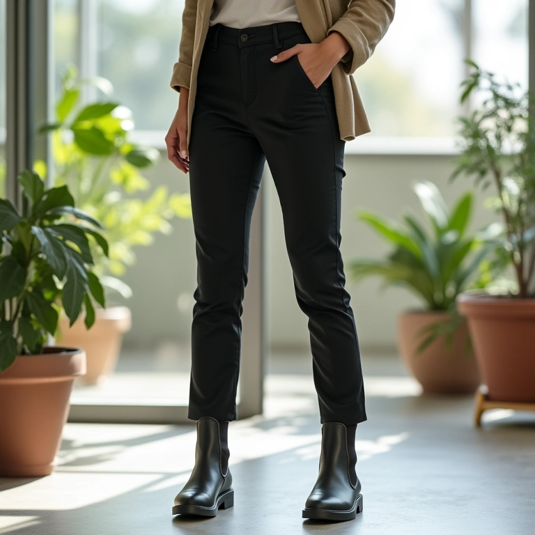 Chelsea boots com calça de alfaiataria em ambiente de escritório.