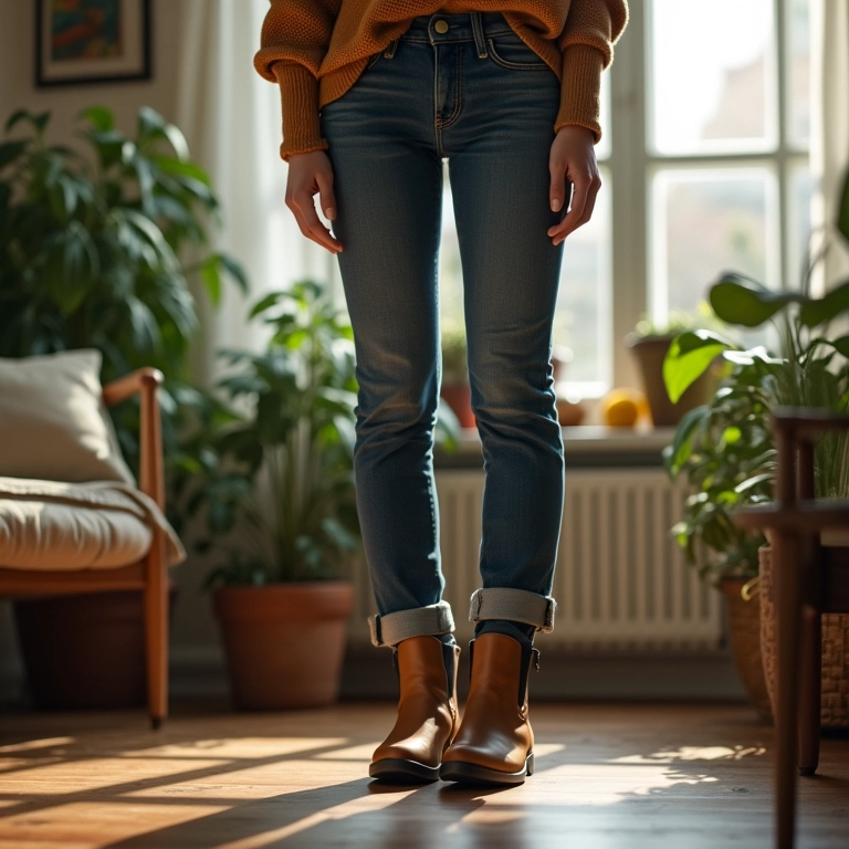 Chelsea boots com calça jeans em apartamento estilo Farm Rio.