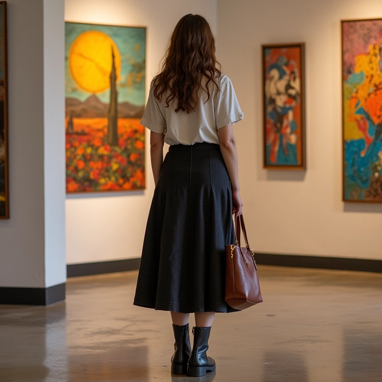 Chelsea boots com saia midi em galeria de arte em São Paulo.