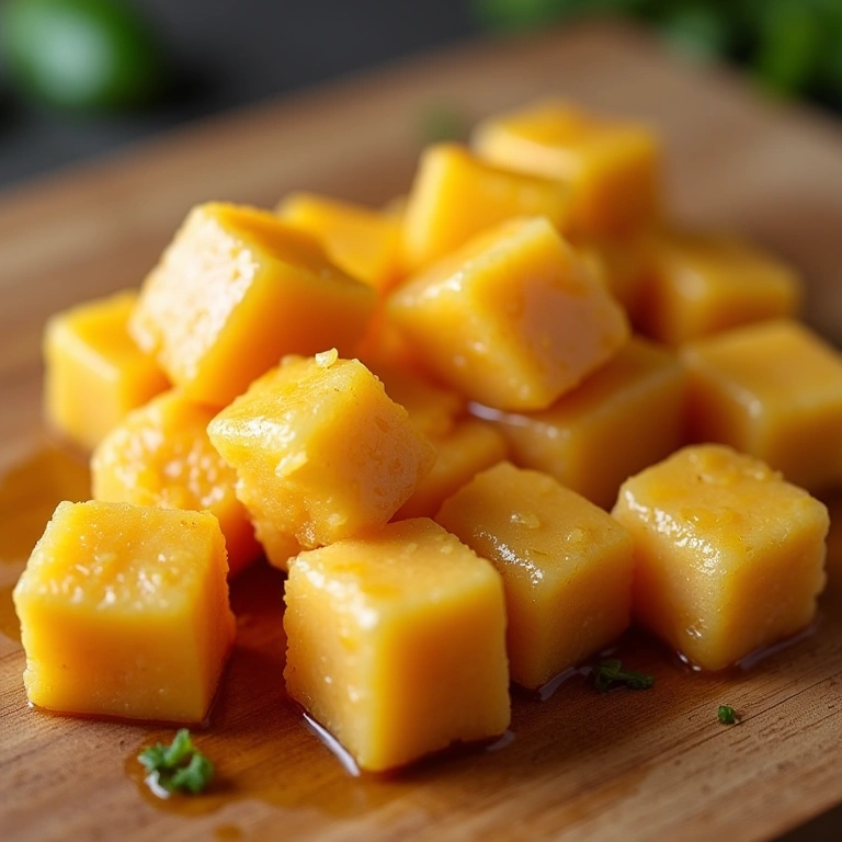 Chicken fillet cubes for light curry, close-up, fresh, on a cutting board, professional Filé de frango fresco cortado em cubos para curry light.