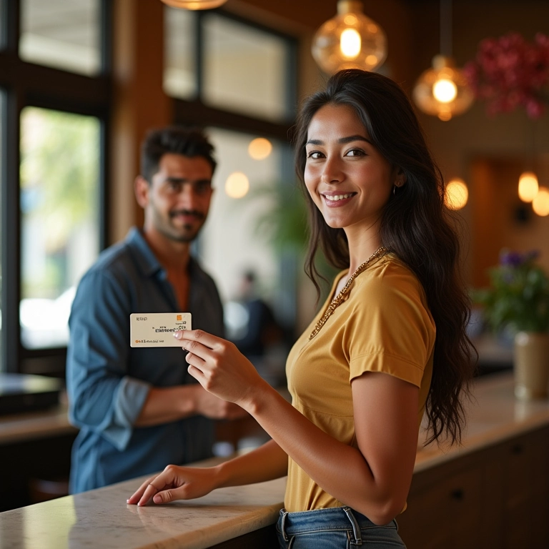Cliente fiel apresentando cartão de fidelidade em hotel