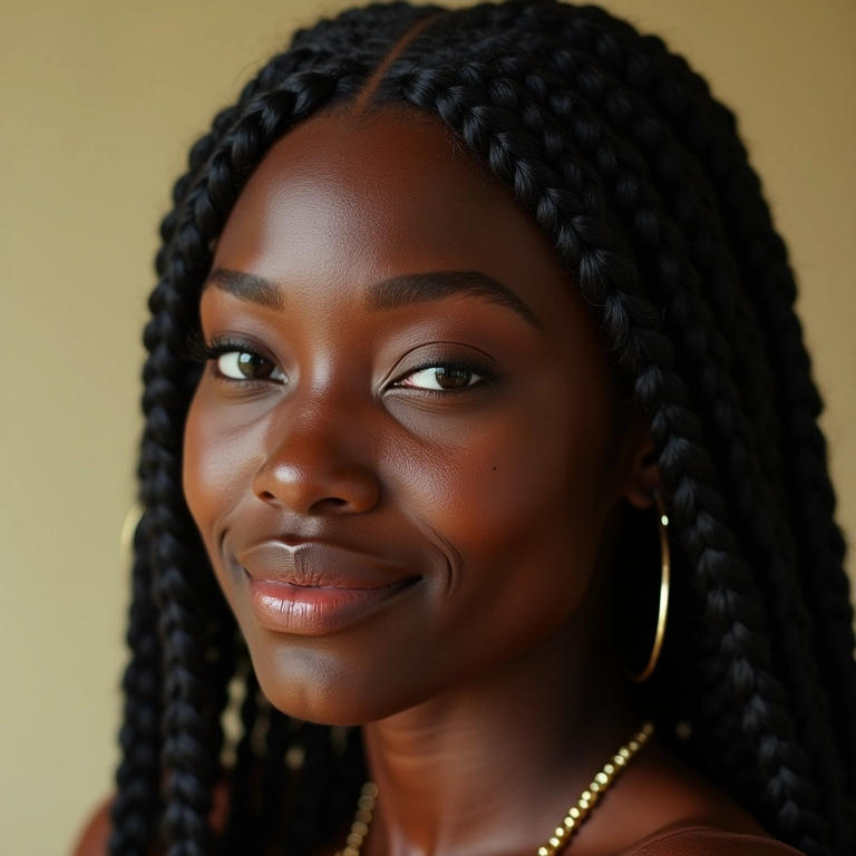 Close de mulher negra sorrindo com tranças Nagô elaboradas.