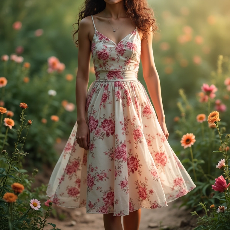 Close do comprimento de um vestido floral.