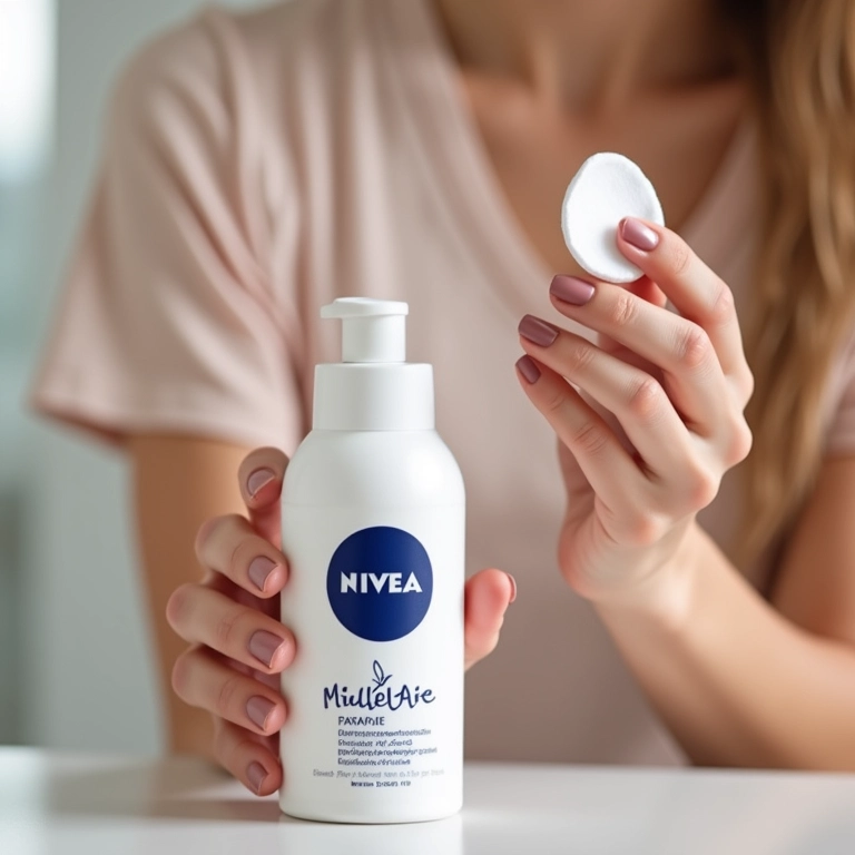 Close-up da água micelar Nivea MicellAir com algodão e mão removendo maquiagem suavemente.