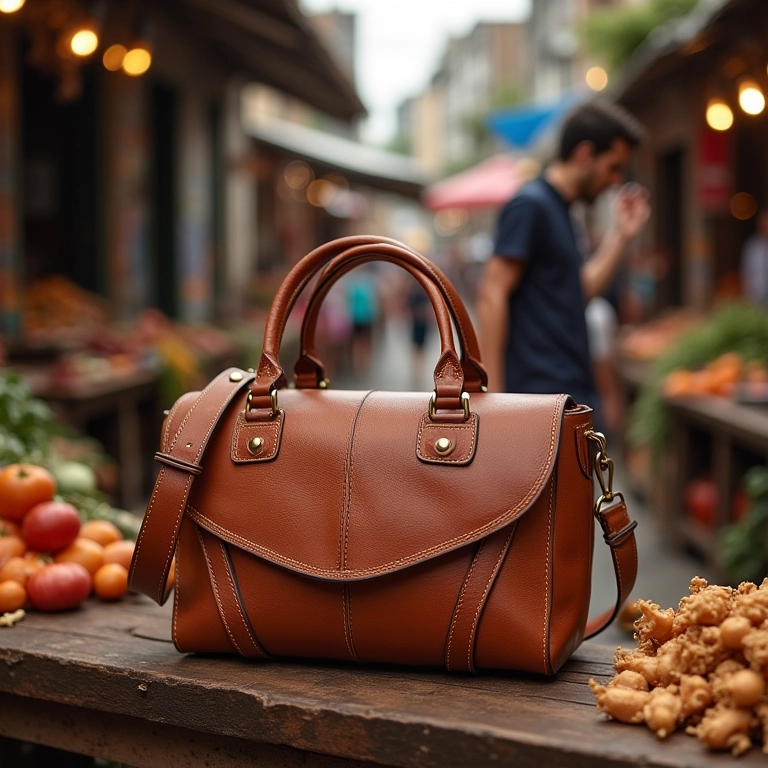 Close-up da textura e detalhes de uma bolsa Arezzo.