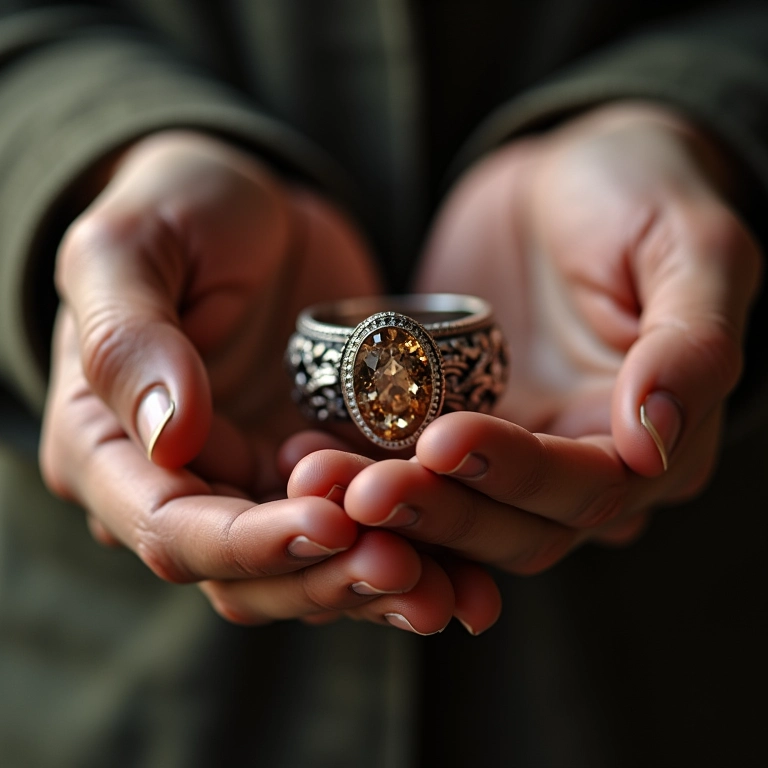 Close-up das mãos de uma artesã fotografando joias artesanais.