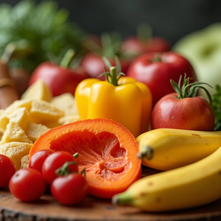 Close-up de alimentos saudáveis, representando deficiências nutricionais e seus efeitos no cabelo.