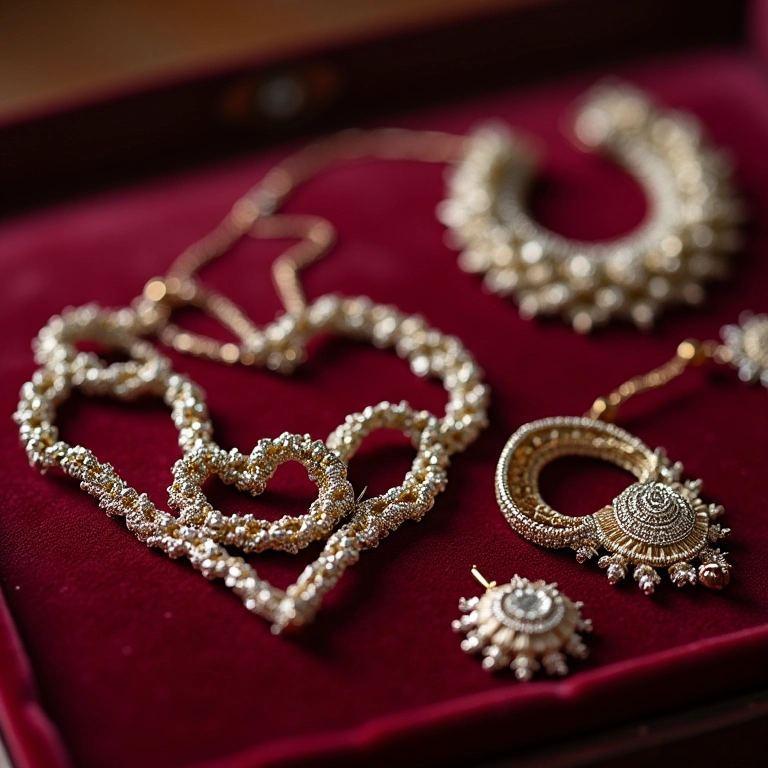 Close-up de bijuterias artesanais feitas com crochê endurecido, incluindo brincos, colares e pulseiras.