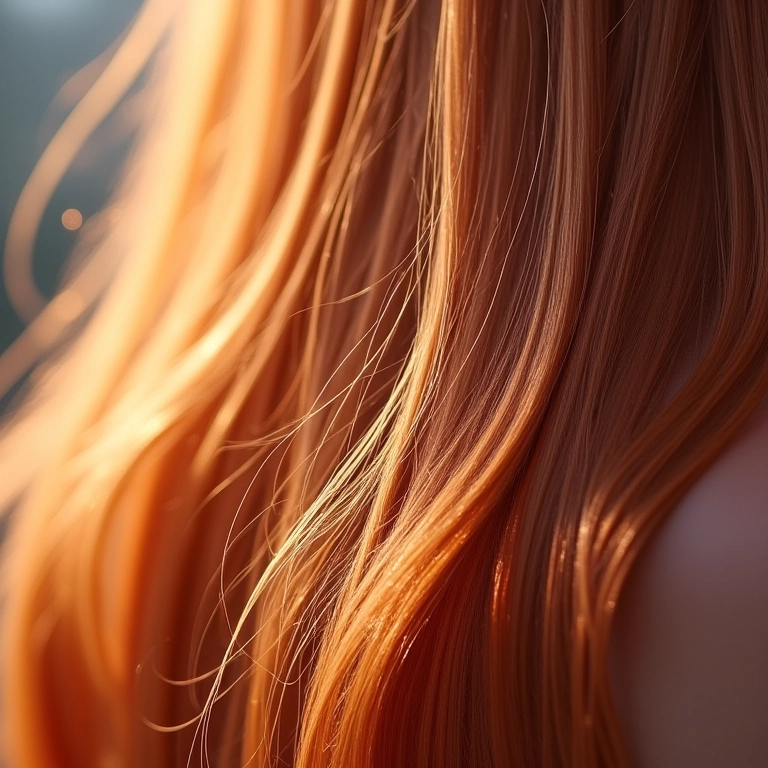 Close-up de cabelo brilhante e macio, com gotas de glicerina refletindo a luz.