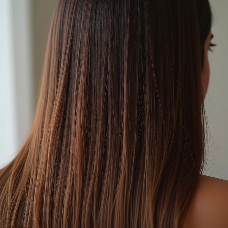 Close-up de cabelo liso e sem frizz após o uso da escova secadora.