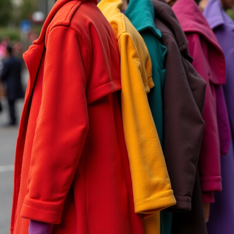 Close-up de casacos de inverno coloridos mostrando as cores da estação.