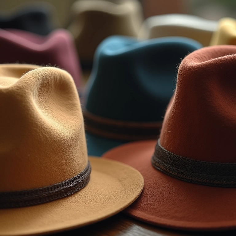 Close-up de chapéus Fedora em diferentes materiais e cores.