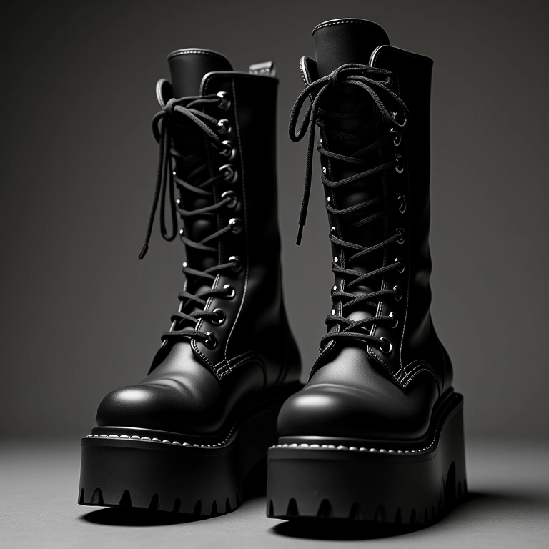 Close-up de coturnos tratorados, tendência inverno 2025.