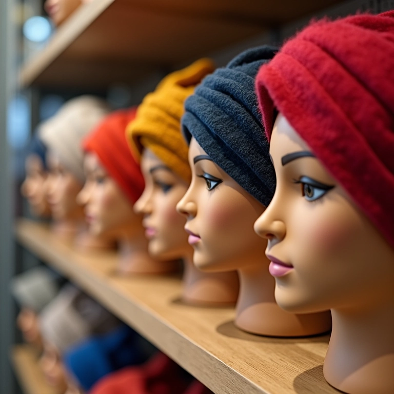 Close-up de diferentes boinas em uma prateleira em uma boutique no Brasil, destacando diferentes formatos de rosto.