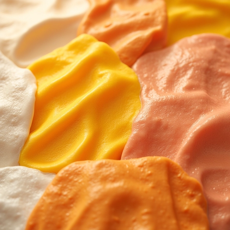 Close-up de diferentes protetores solares com cor, mostrando texturas e acabamentos variados.