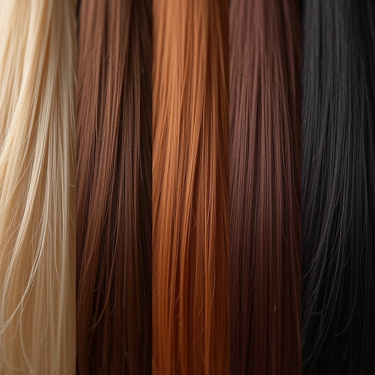 Close-up de diferentes texturas de cabelo com química: alisado, permanente, colorido.