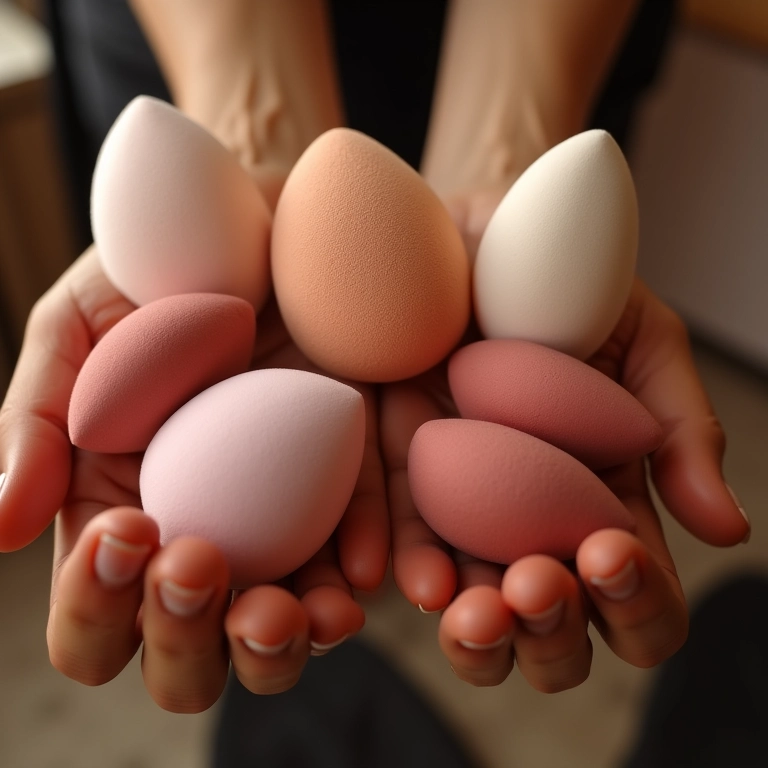 Close-up de diversas mãos segurando esponjas de maquiagem, mostrando texturas e formatos.