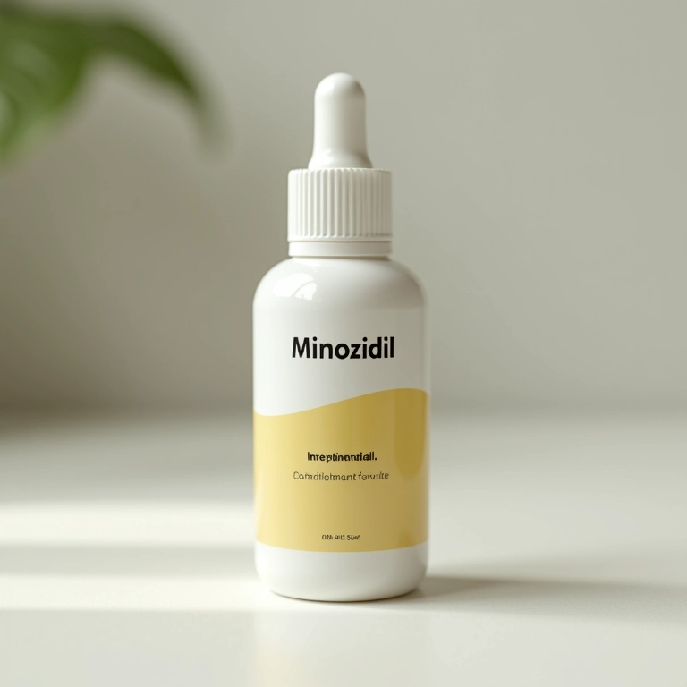 Close-up de frasco de Minoxidil, o queridinho dos dermatologistas.