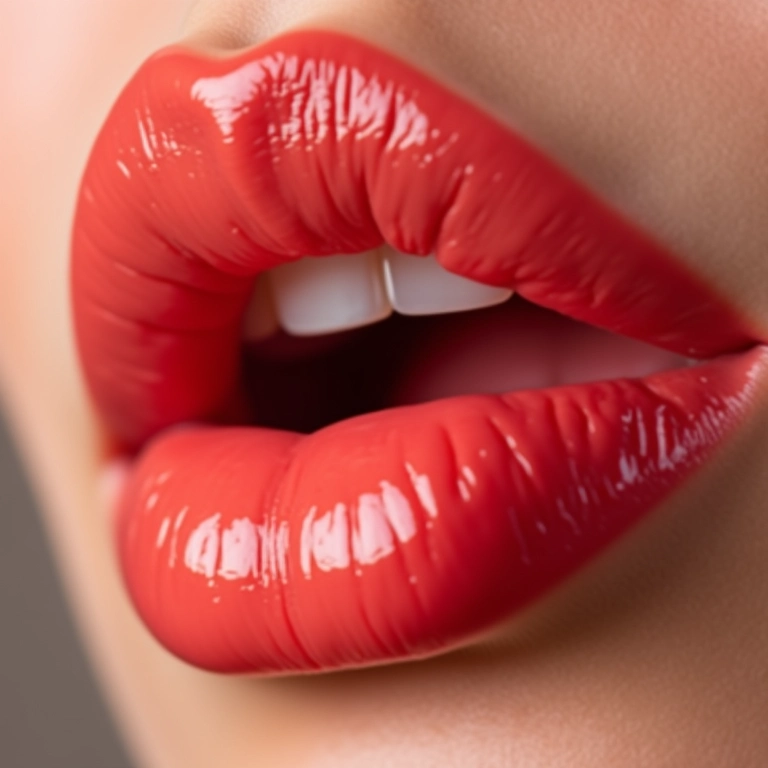 Close-up de lábios com gloss, destacando a textura e o toque de cor.