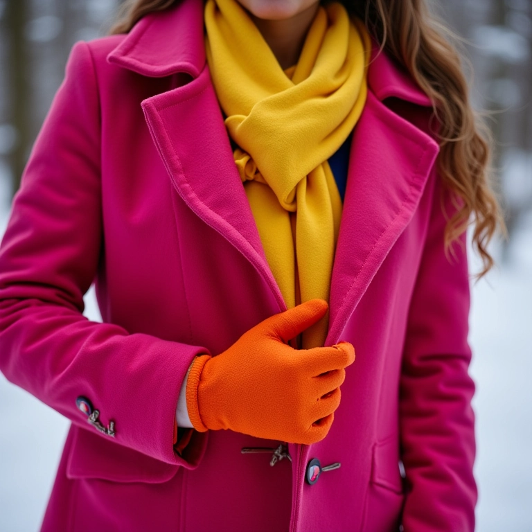 Close-up de look vibrante de inverno com cores alegres.