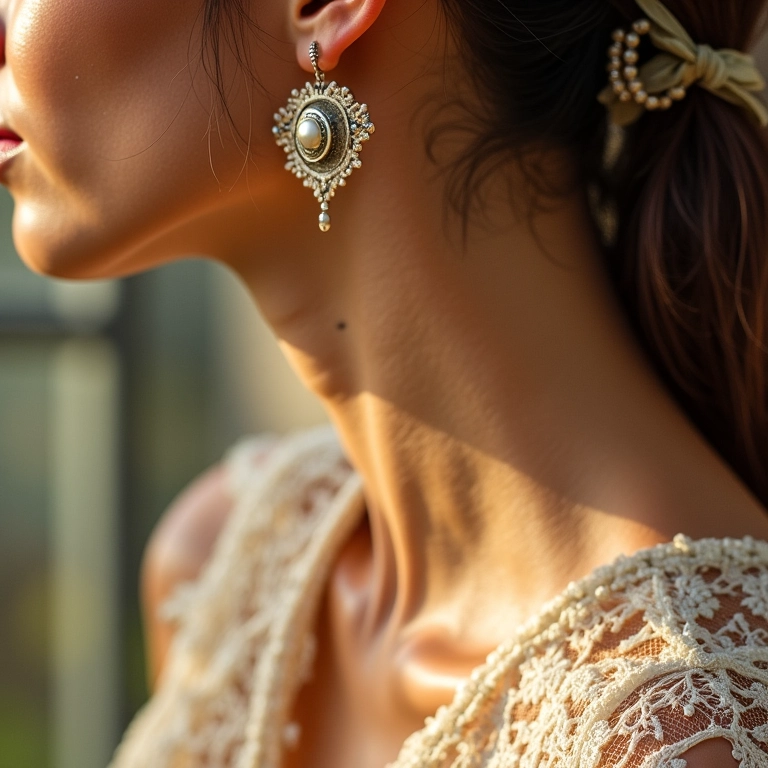 Close up de luvas de renda, brincos de pérola vintage e fita de seda.