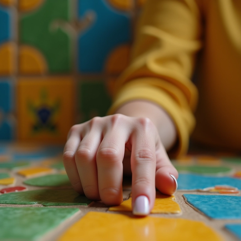 Close-up de mão de mulher batucando nervosamente em uma mesa com azulejos brasileiros.