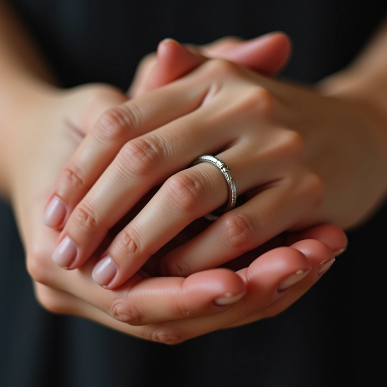 Close-up de mãos com anéis delicados, cada um com sua história e memória.