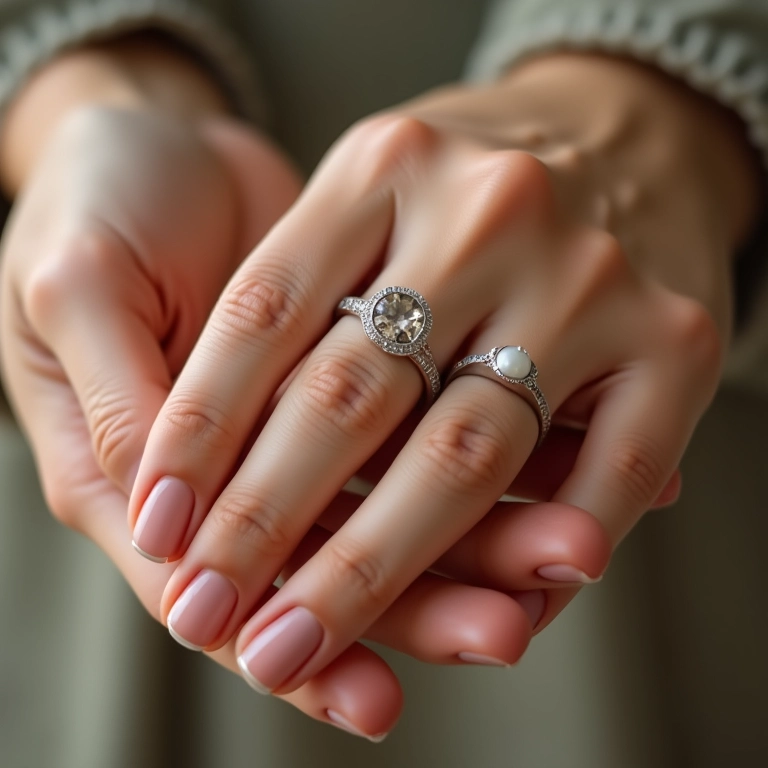 Close-up de mãos com anéis delicados, mostrando como o tamanho do anel complementa diferentes tamanhos de dedos.