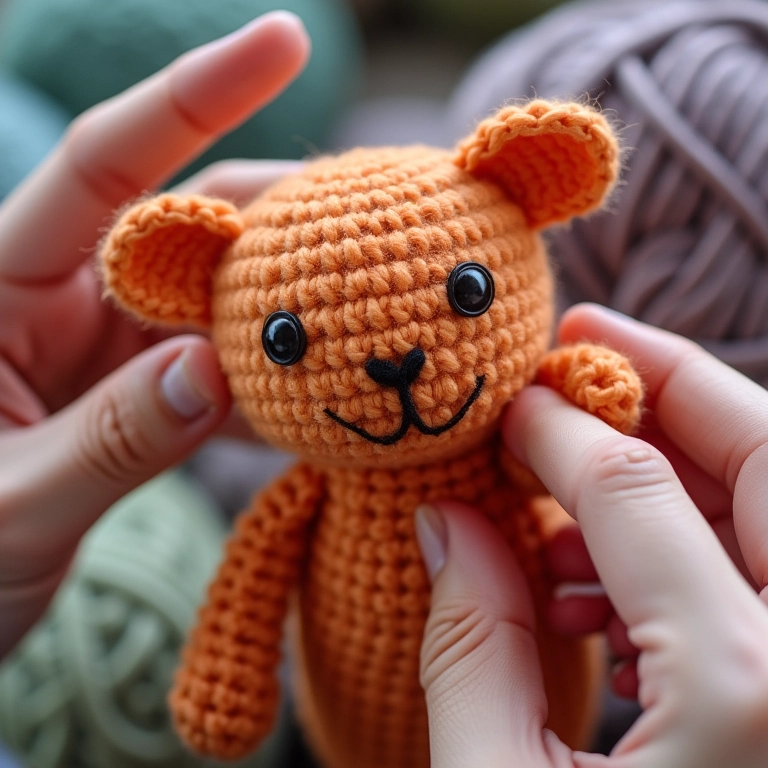 Close-up de mãos demonstrando o ponto baixo, essencial no amigurumi.