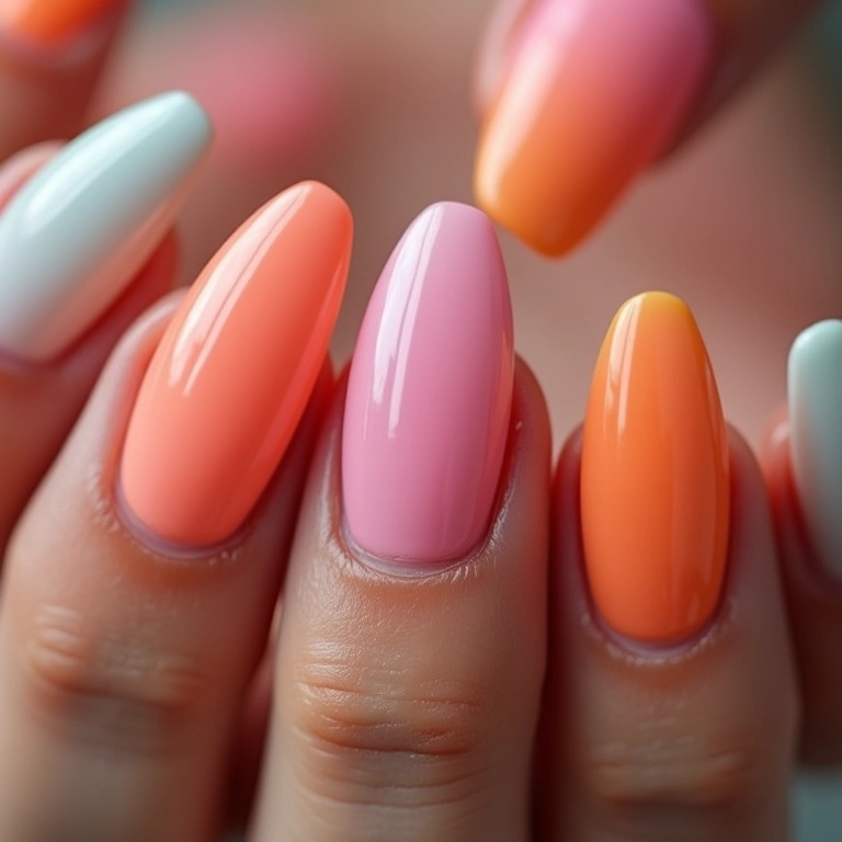 Close-up de mãos diversas mostrando designs de unhas soft gel coloridas e saudáveis.