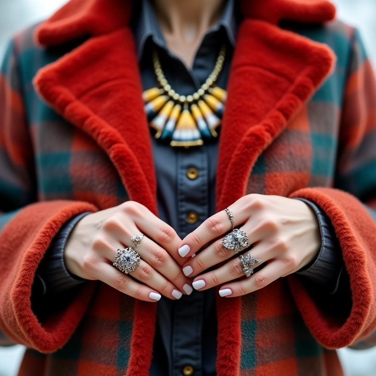 Close-up de mãos femininas exibindo acessórios statement em look de inverno colorido.