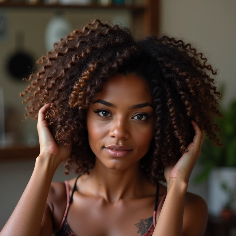 Close-up de mãos modelando cachos tipo 3c com a técnica de fitagem estruturada.