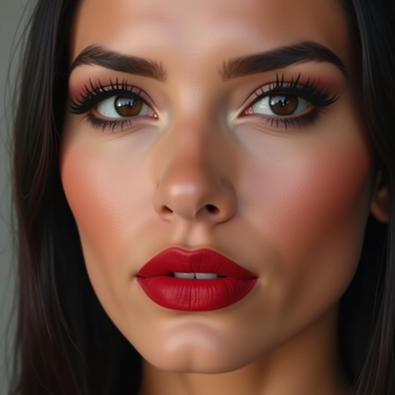 Close-up de maquiagem marcante com batom vermelho e delineado gatinho.