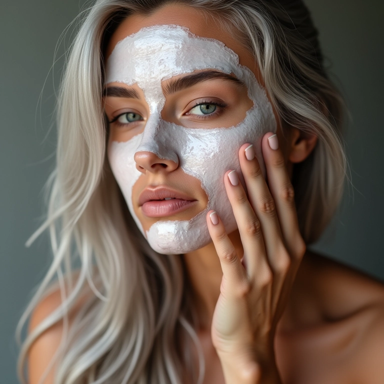 Close-up de mulher aplicando máscara hidratante nos cabelos grisalhos.