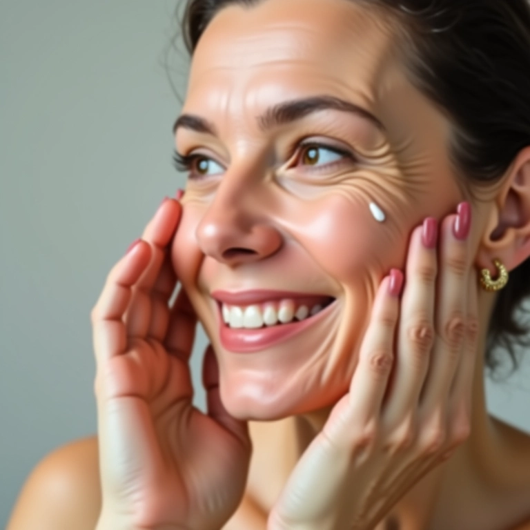 Close-up de mulher aplicando sérum hidratante no rosto, pele radiante.