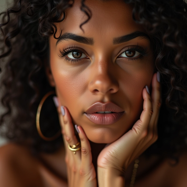 Close-up de mulher brasileira com cabelo brilhante e unhas fortes.